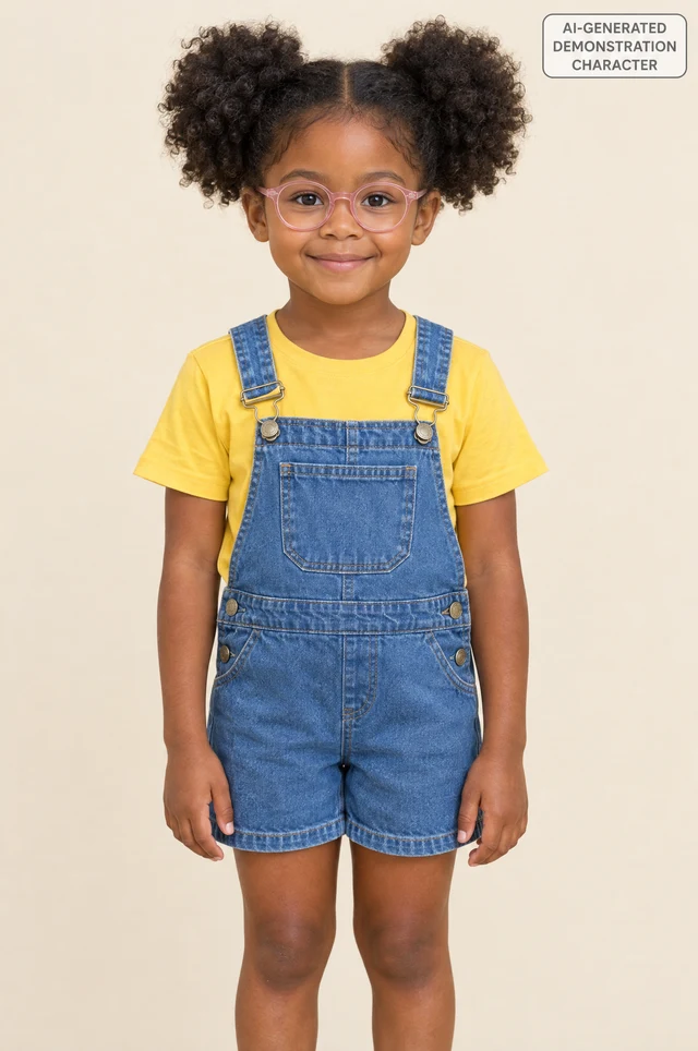 The fictional reference child used for this example, Ava in pink glasses and blue overalls. This is an AI-generated demonstration character.
