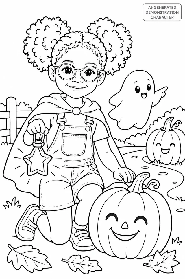 An actual AI-generated colouring example: fictional Ava, with her glasses and two hair puffs, carrying a lantern beside a friendly ghost and pumpkins.