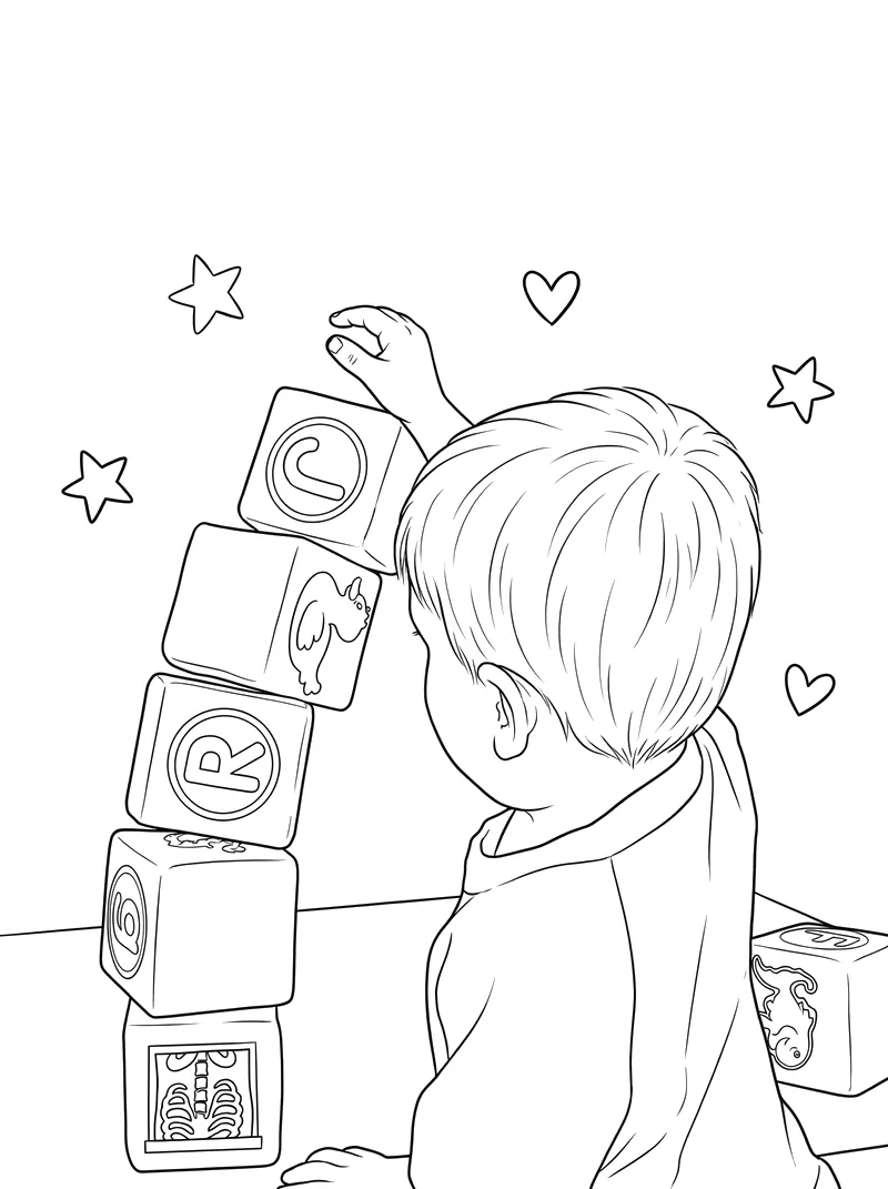 A colouring page: a boy stacking wooden blocks into a tower