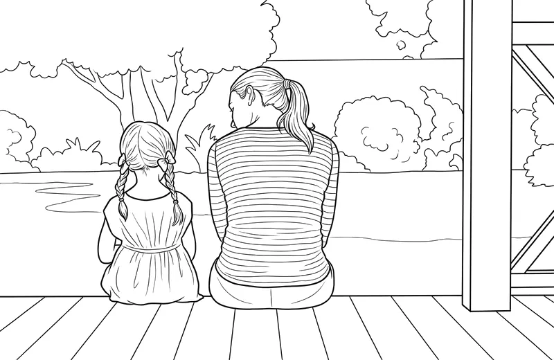 A colouring page: a child and a grown-up sitting side by side on a deck, looking out at the garden