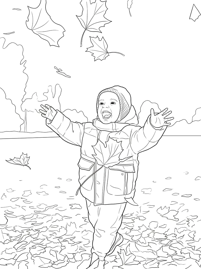 A colouring page: a small child in a beanie, arms out, in a pile of autumn leaves