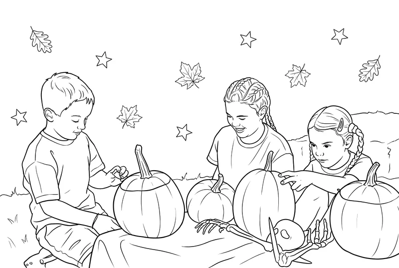 A colouring page: three children sitting on the grass among pumpkins