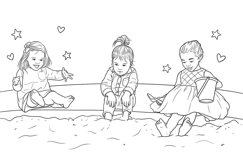 A colouring page: three small girls playing in a sandpit