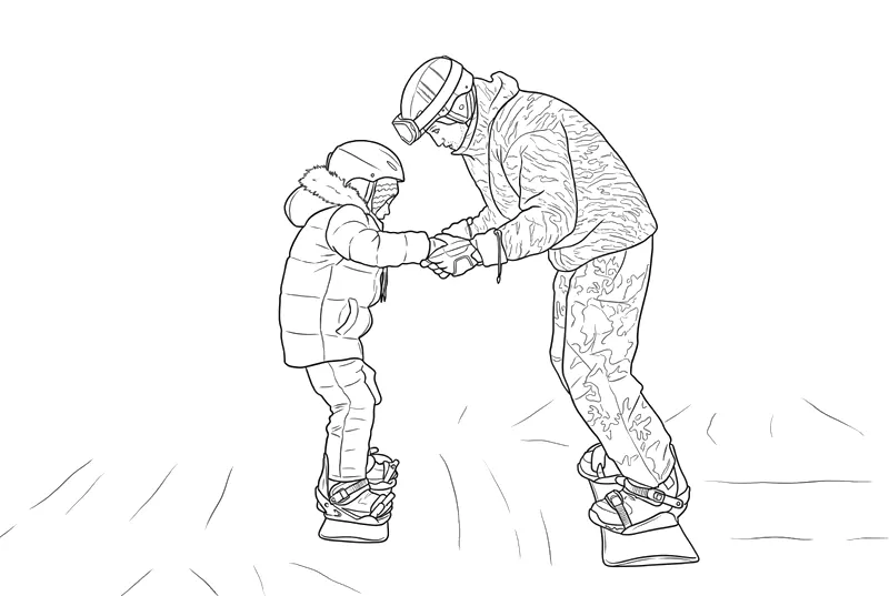 A colouring page: a grown-up holding a small child’s hands as they stand on a snowboard