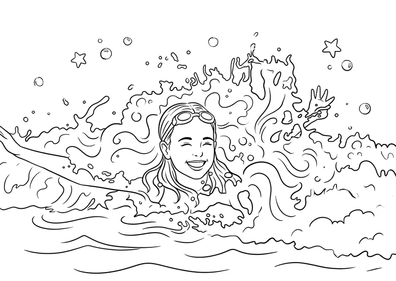 A colouring page: a girl in goggles laughing in a big splash of water