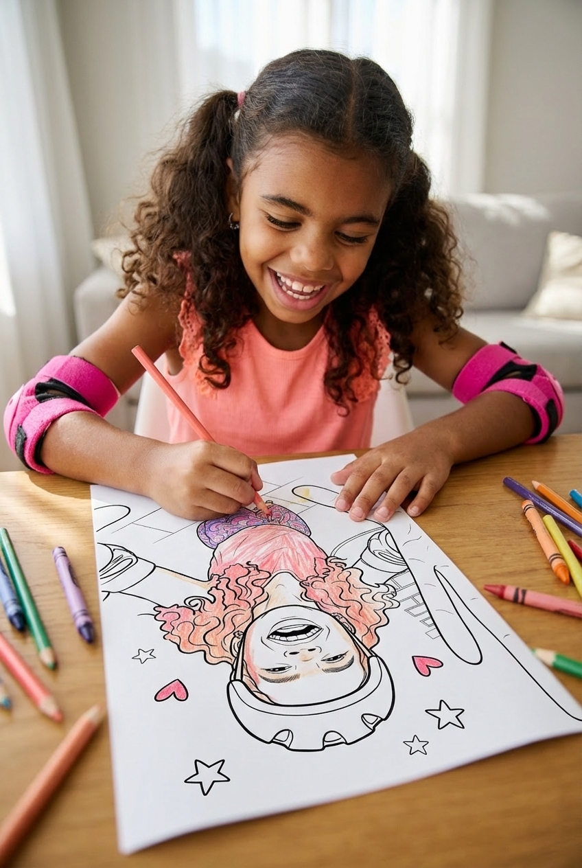 Child enjoying a personalised colouring book made from family photos